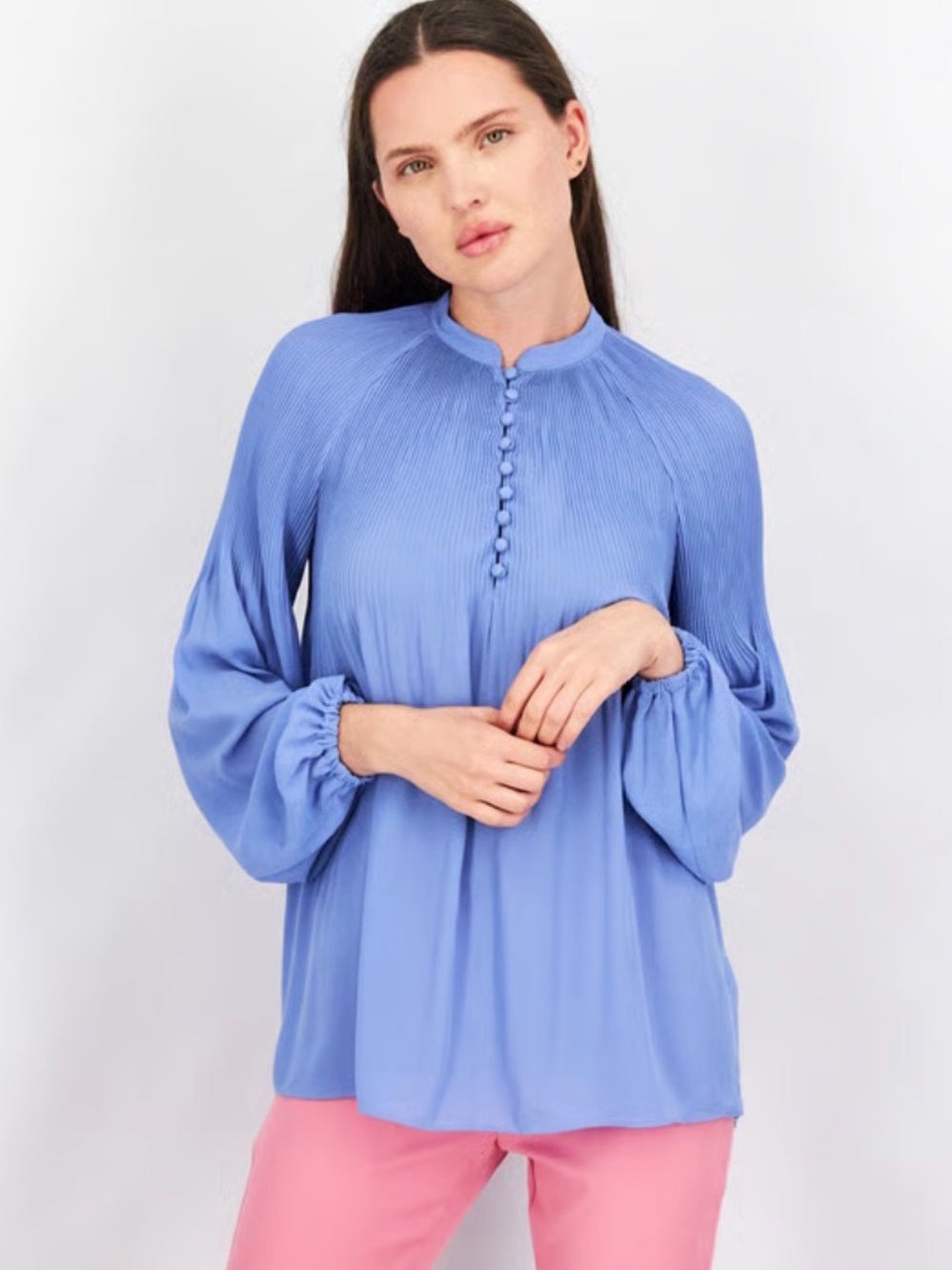 Lauren Ralph Lauren Sky Blue Pleated Button-Front Blouse - Picture 1 of 8